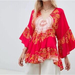 Free People Top Womens Small Sunset Bell Sleeve Dreams Tunic Flowy Boho